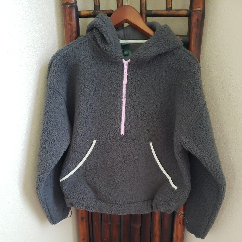 NWT Wild Fable Charcoal Gray Half-Zip Sherpa Pullover Hooded Jacket XS